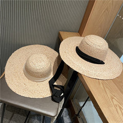 Boho Hat, Beach Sun Hat, Wide Brim Raffia Hat, Marry Round Top in Beige