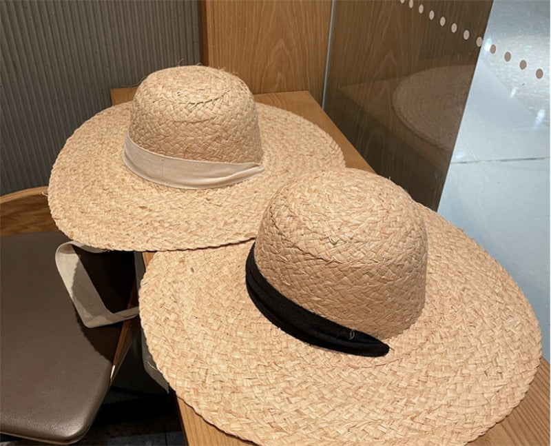 Boho Hat, Beach Sun Hat, Wide Brim Raffia Hat, Marry Round Top in Beige