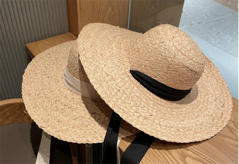 Boho Hat, Beach Sun Hat, Wide Brim Raffia Hat, Marry Round Top in Beige