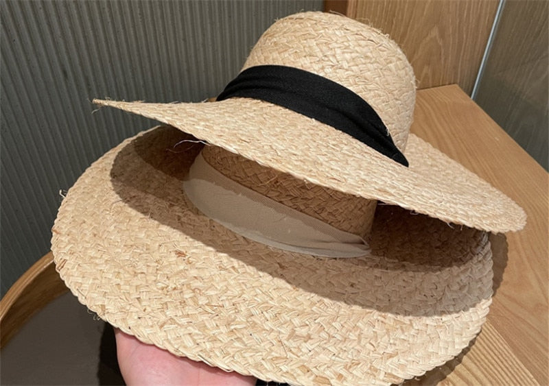 Boho Hat, Beach Sun Hat, Wide Brim Raffia Hat, Marry Round Top in Beige