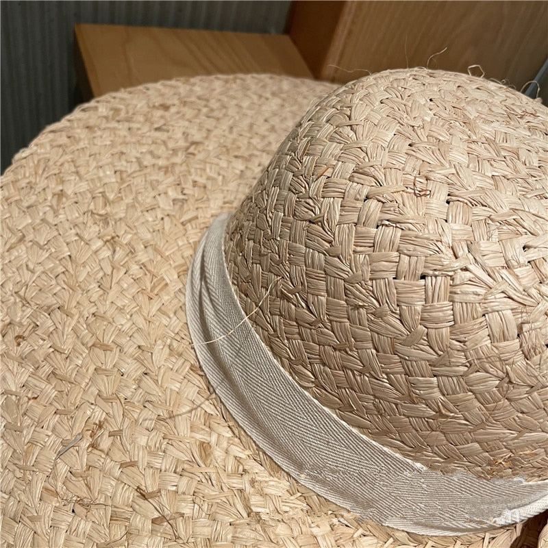 Boho Hat, Beach Sun Hat, Wide Brim Raffia Hat, Marry Round Top in Beige