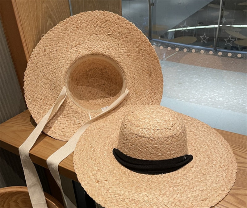 Boho Hat, Beach Sun Hat, Wide Brim Raffia Hat, Marry Round Top in Beige