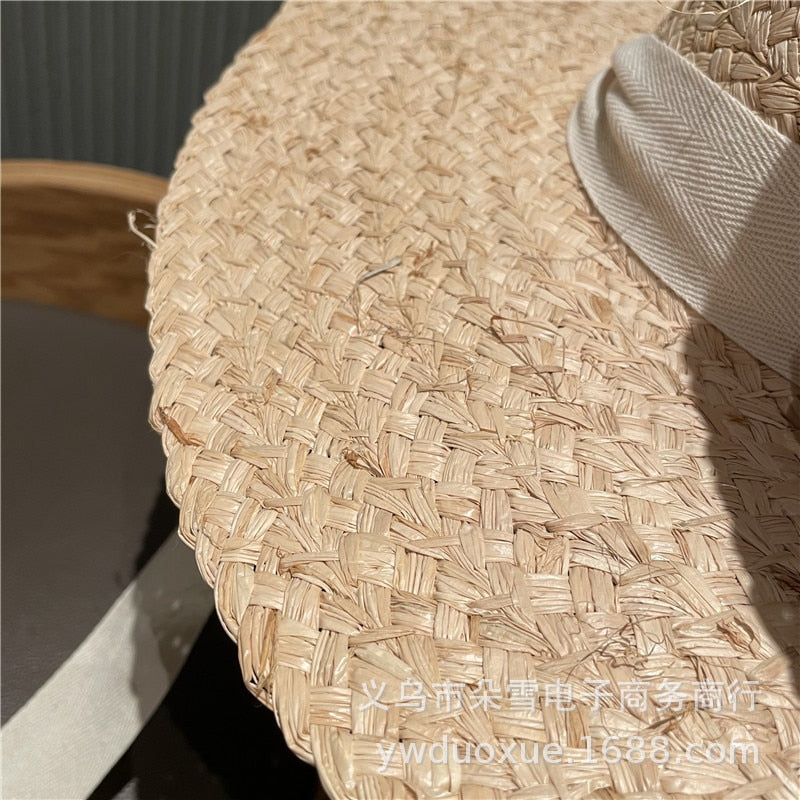 Boho Hat, Beach Sun Hat, Wide Brim Raffia Hat, Marry Round Top in Beige