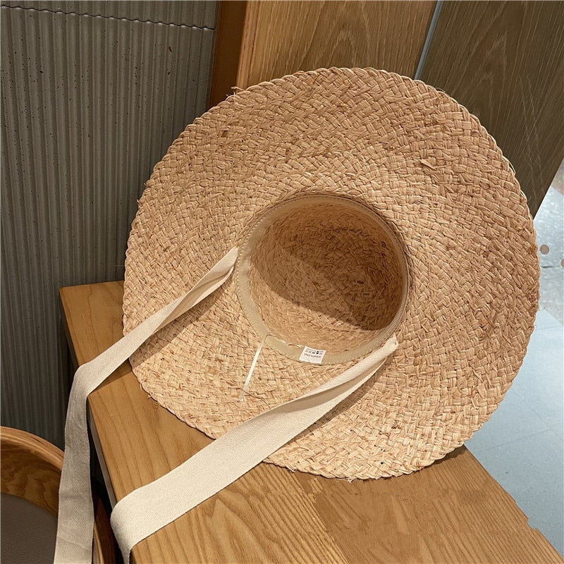 Boho Hat, Beach Sun Hat, Wide Brim Raffia Hat, Marry Round Top in Beige