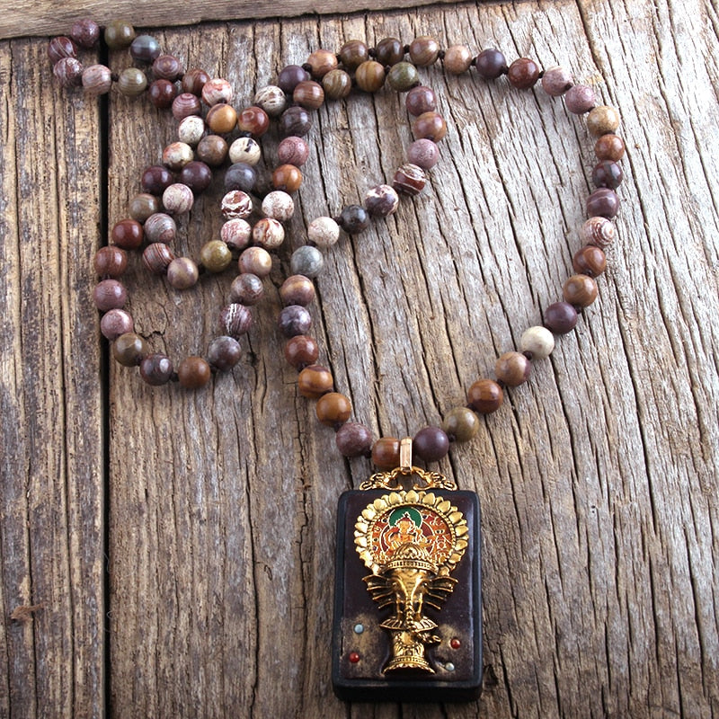 Boho Necklace, RH Precious Lava Stone, Ganesha Indian Elephant Buddha