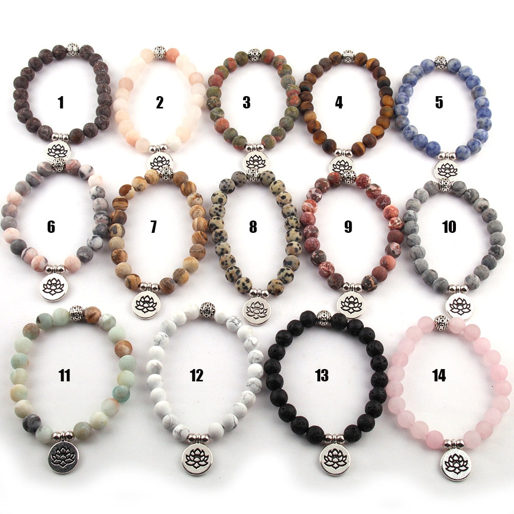 Boho Bracelet, RH Yoga Bracelet, Natural Stone Mala Lotus