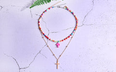 Boho Necklace, Seed Bead Choker, 2 Layers Double Cross