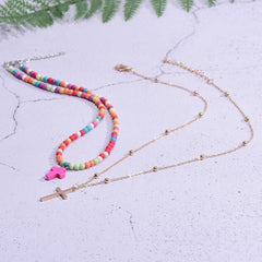 Boho Necklace, Seed Bead Choker, 2 Layers Double Cross