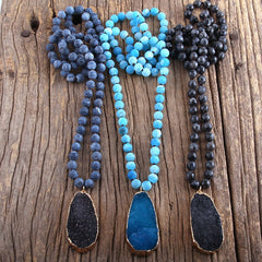 Boho Necklace, RH Precious Stone, Blue with Druzy