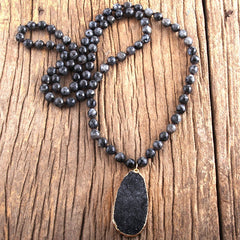 Boho Necklace, RH Precious Stone, Blue with Druzy