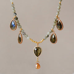 Boho Necklace, Labradorite, Rhinestone