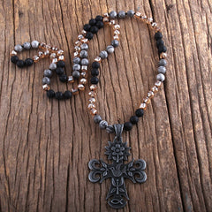 Boho Necklace, RH Precious Lava Stone, Cross and Bird