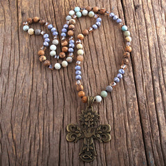 Boho Necklace, RH Precious Lava Stone, Cross and Bird