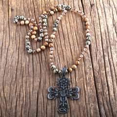 Boho Necklace, RH Precious Lava Stone, Cross and Bird