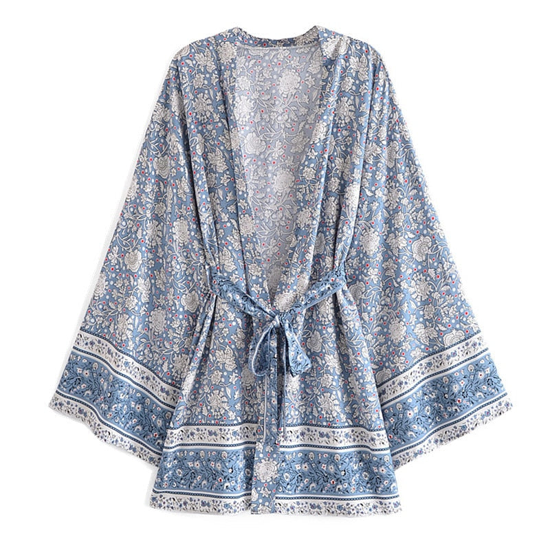 Boho Robe, Kimono Robe,  Beach Cover up, Short Robe, Esme Wild Flower Blue Sky