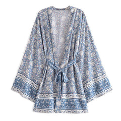 Boho Robe, Kimono Robe,  Beach Cover up, Short Robe, Esme Wild Flower Blue Sky