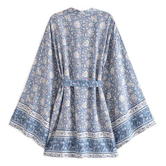 Boho Robe, Kimono Robe,  Beach Cover up, Short Robe, Esme Wild Flower Blue Sky