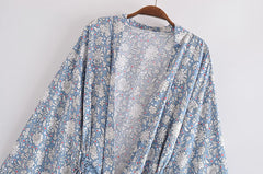 Boho Robe, Kimono Robe,  Beach Cover up, Short Robe, Esme Wild Flower Blue Sky