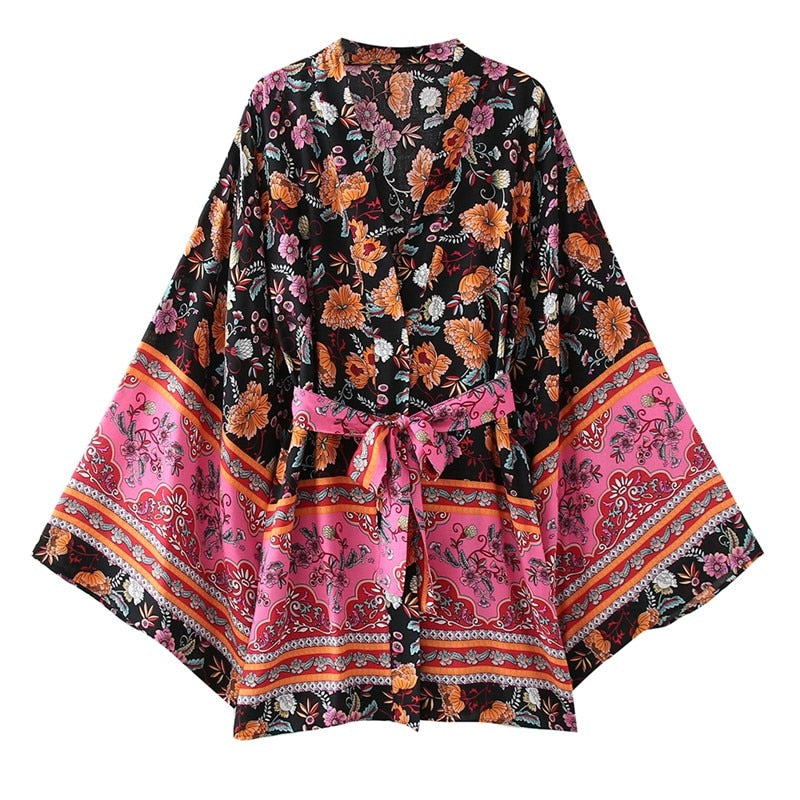 Boho Robe, Kimono Robe,  Beach Cover up, Short Robe, Elliana in Black