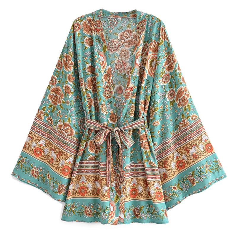 Boho Robe, Kimono Robe,  Beach Cover up, Short Robe, Elliana Rosita in Green
