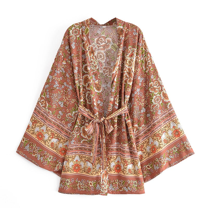 Boho Robe, Kimono Robe,  Beach Cover up, Short Robe, Elliana Rosita in Brown