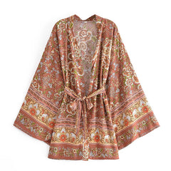 Boho Robe, Kimono Robe,  Beach Cover up, Short Robe, Elliana Rosita in Brown