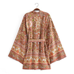 Boho Robe, Kimono Robe,  Beach Cover up, Short Robe, Elliana Rosita in Brown