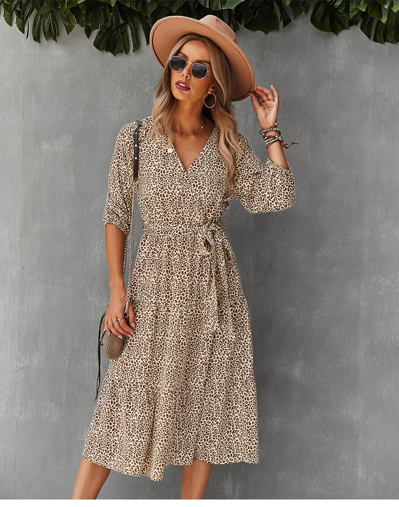 Boho Midi Dress, Autumn Dress, Olive Tiger in Beige