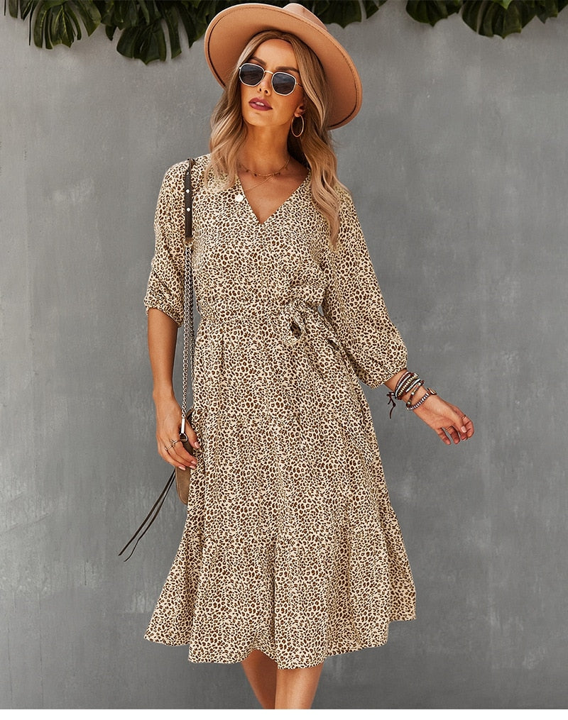Boho Midi Dress, Autumn Dress, Olive Tiger in Beige