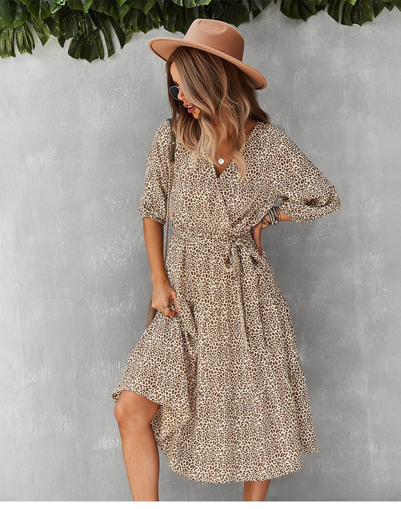 Boho Midi Dress, Autumn Dress, Olive Tiger in Beige