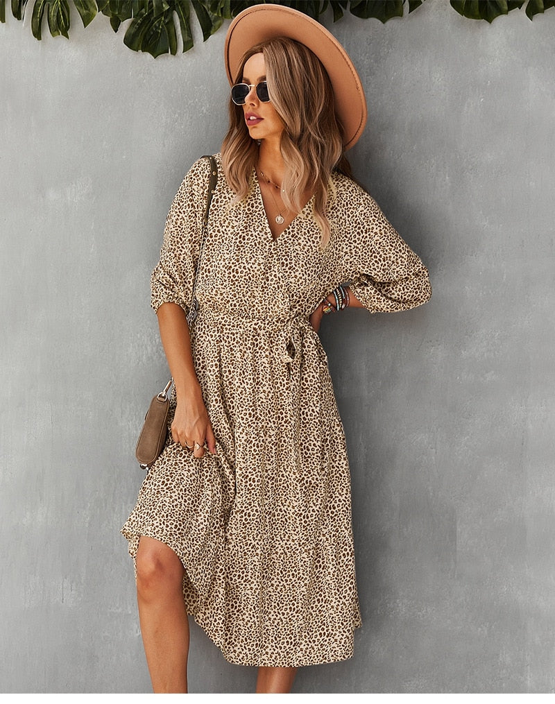Boho Midi Dress, Autumn Dress, Olive Tiger in Beige