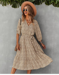 Boho Midi Dress, Autumn Dress, Olive Tiger in Beige