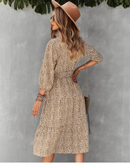 Boho Midi Dress, Autumn Dress, Olive Tiger in Beige