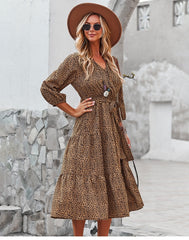 Boho Midi Dress, Autumn Dress, Olive Tiger in Brown