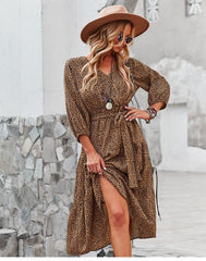 Boho Midi Dress, Autumn Dress, Olive Tiger in Brown