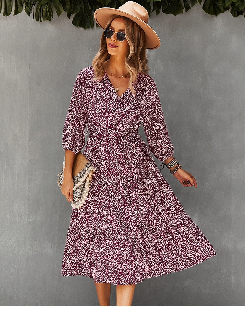 Boho Midi Dress, Autumn Dress, Olive Tiger in Burgundy