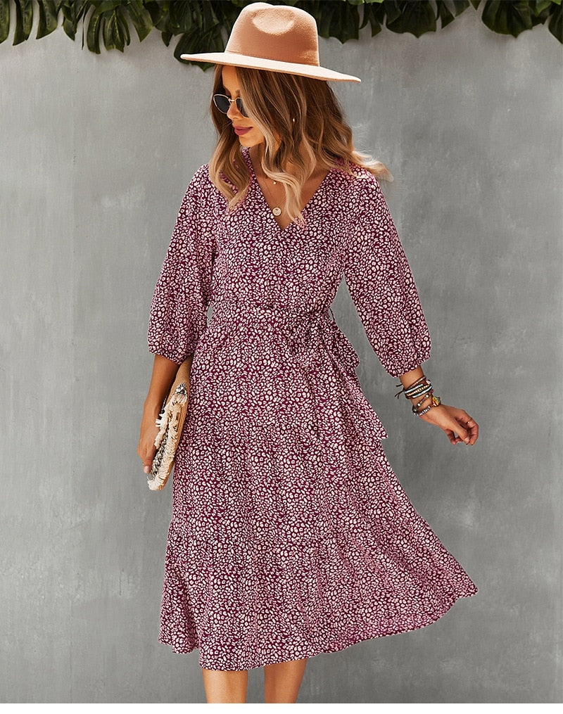 Boho Midi Dress, Autumn Dress, Olive Tiger in Burgundy