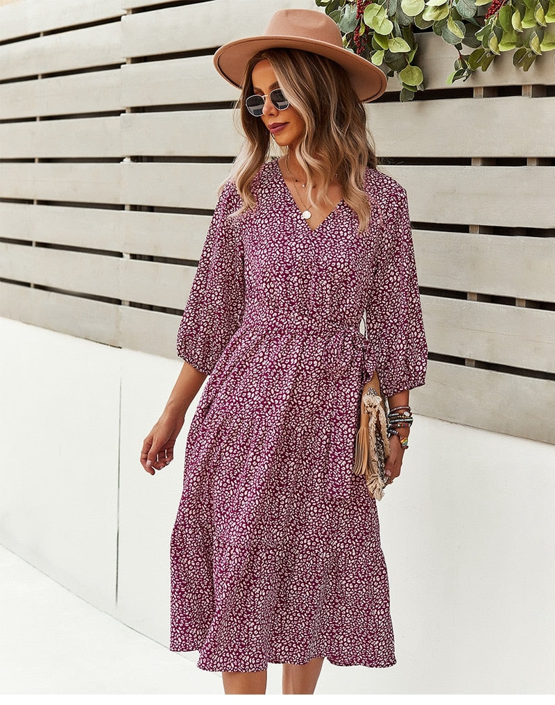 Boho Midi Dress, Autumn Dress, Olive Tiger in Burgundy