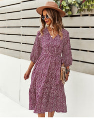 Boho Midi Dress, Autumn Dress, Olive Tiger in Burgundy