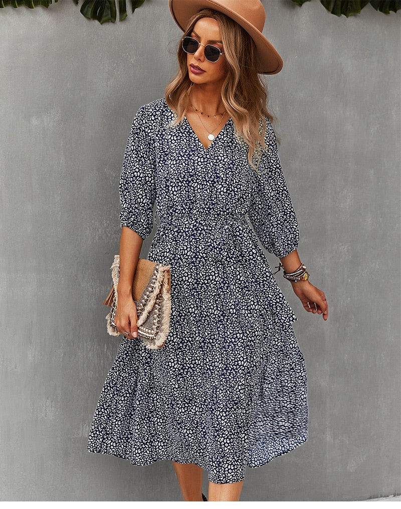 Boho Midi Dress, Autumn Dress, Olive Tiger in Navy