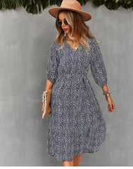 Boho Midi Dress, Autumn Dress, Olive Tiger in Navy