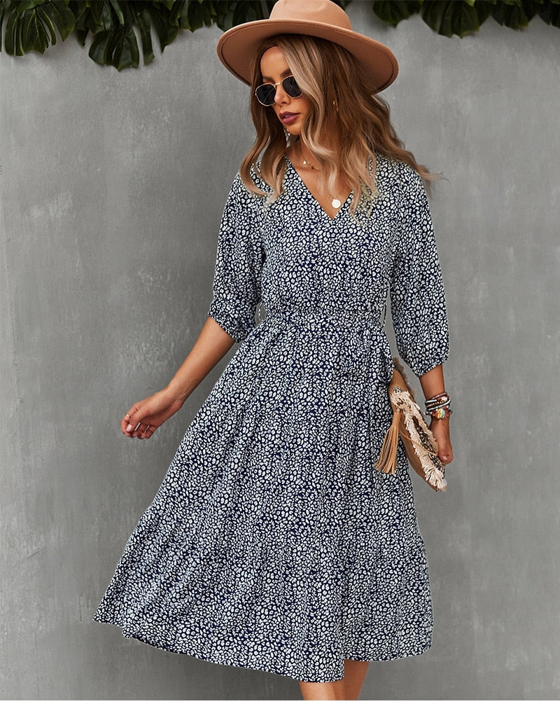 Boho Midi Dress, Autumn Dress, Olive Tiger in Navy