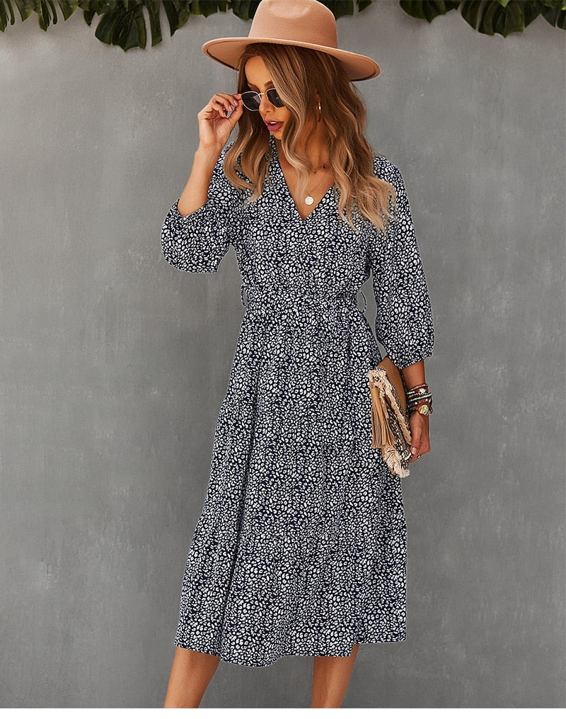 Boho Midi Dress, Autumn Dress, Olive Tiger in Navy