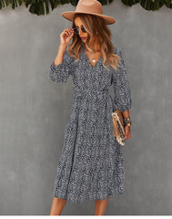 Boho Midi Dress, Autumn Dress, Olive Tiger in Navy