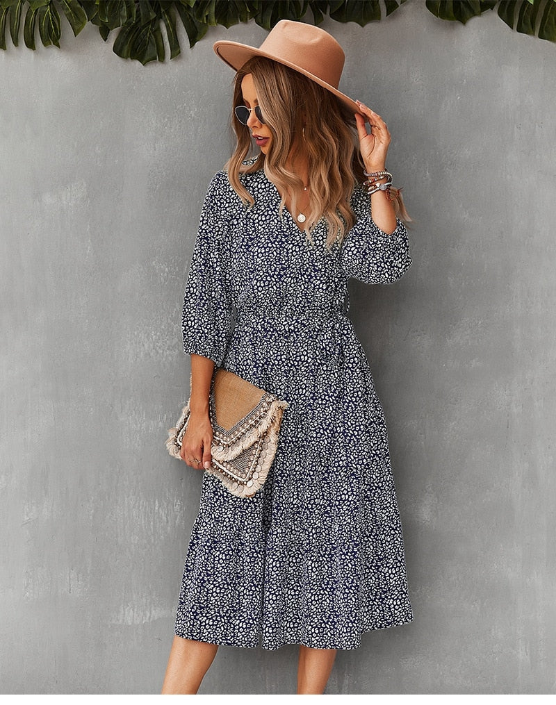 Boho Midi Dress, Autumn Dress, Olive Tiger in Navy