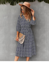 Boho Midi Dress, Autumn Dress, Olive Tiger in Navy