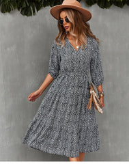 Boho Midi Dress, Autumn Dress, Olive Tiger in Black