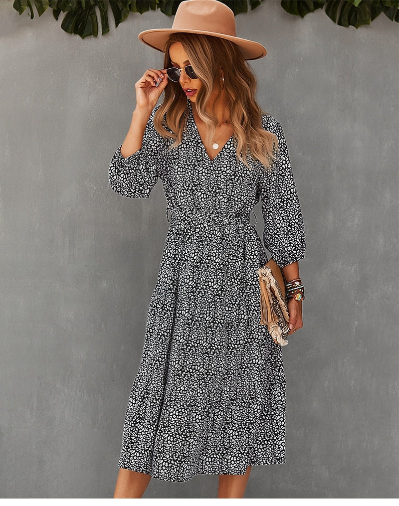 Boho Midi Dress, Autumn Dress, Olive Tiger in Black