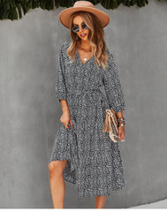 Boho Midi Dress, Autumn Dress, Olive Tiger in Black