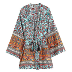 Boho Short Kimono Robe, Special Price, Isabella Daisy in Blue and Purple